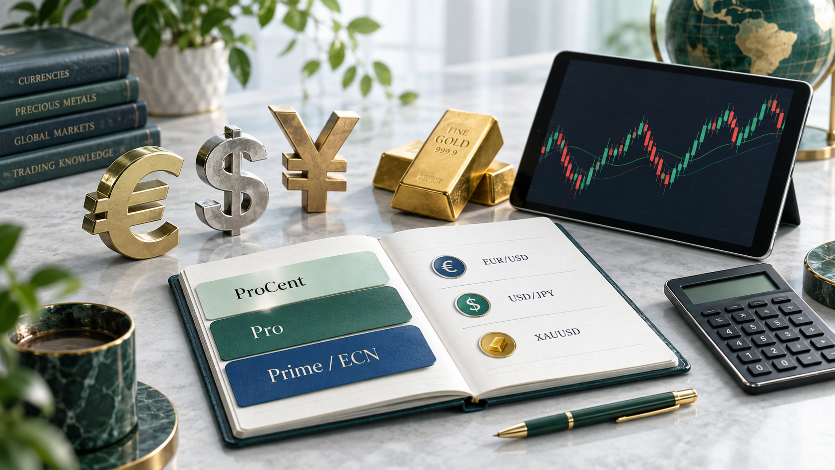 ภาพประกอบบัญชี ProCent, Pro, Prime และ ECN พร้อมคู่เงินและทองสำหรับรีวิว RoboForex