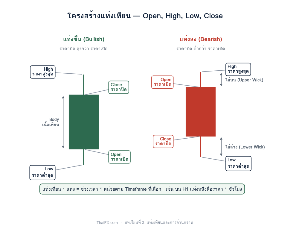 แผนภาพโครงสร้างแท่งเทียน แสดง Open High Low Close และไส้เทียนของแท่งขึ้นและแท่งลง