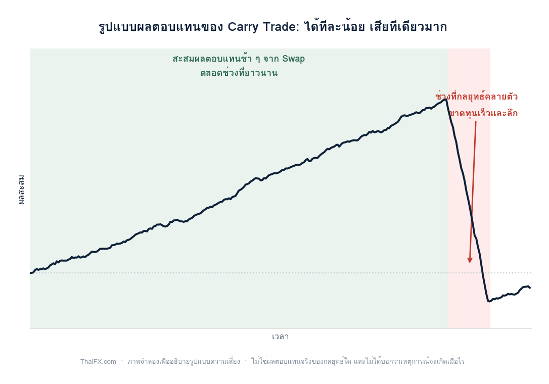 กราฟแสดงรูปแบบผลตอบแทนของ Carry Trade ที่สะสมช้า ๆ เป็นเวลานาน แล้วขาดทุนเร็วและลึกในช่วงที่กลยุทธ์คลายตัว