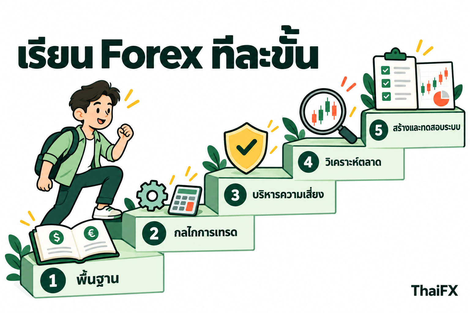 เส้นทางเรียน Forex 5 ขั้น ตั้งแต่พื้นฐาน กลไกการเทรด บริหารความเสี่ยง วิเคราะห์ตลาด ไปจนถึงสร้างและทดสอบระบบ