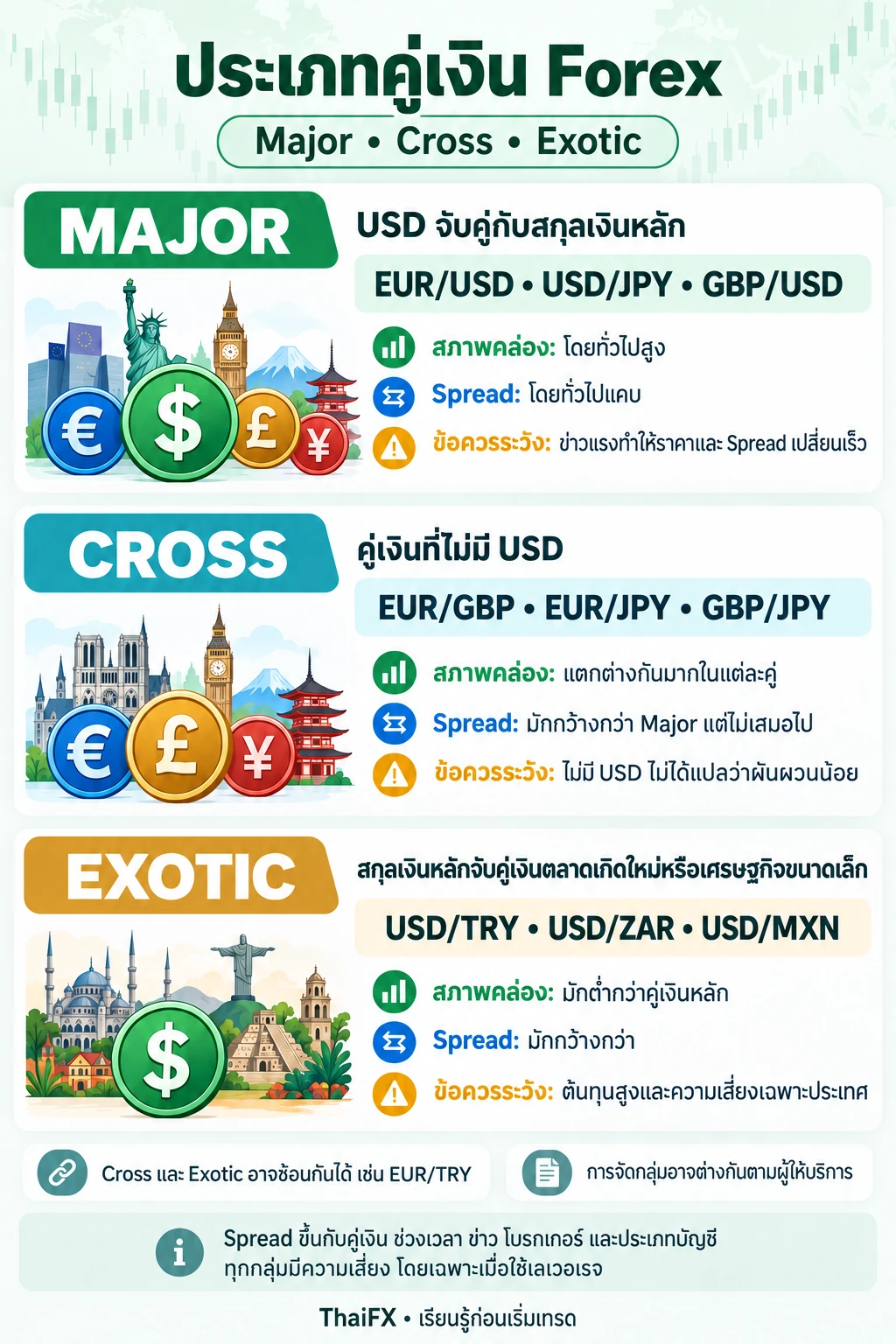 แผนภาพเปรียบเทียบคู่เงิน Forex Major, Cross และ Exotic พร้อมตัวอย่าง สภาพคล่อง Spread และข้อควรระวัง