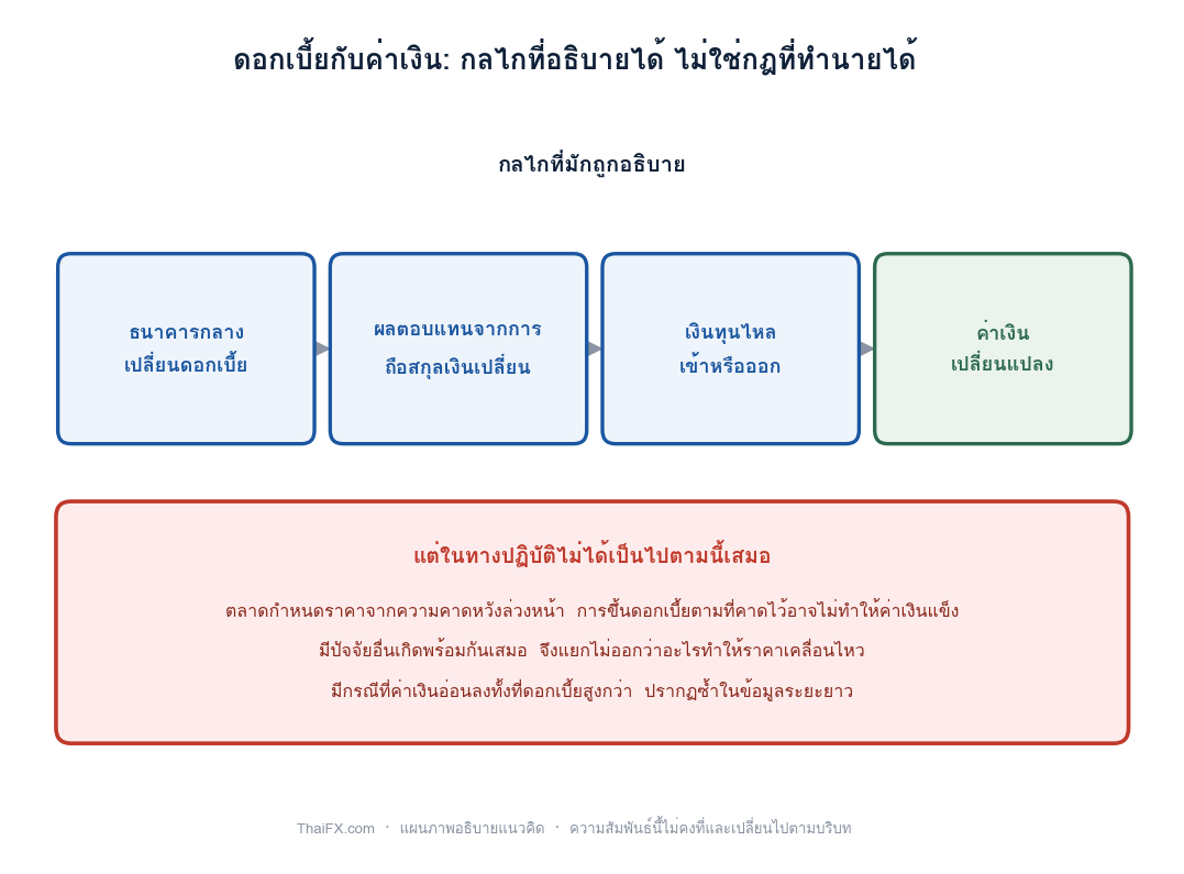 แผนภาพแสดงกลไกที่ดอกเบี้ยส่งผลต่อค่าเงิน พร้อมข้อเตือนว่าในทางปฏิบัติไม่ได้เป็นไปตามนี้เสมอ