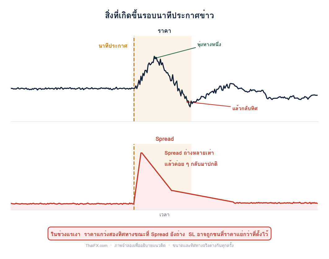 กราฟแสดงราคาที่แกว่งสองทิศทางและ Spread ที่ถ่างหลายเท่าในช่วงนาทีประกาศข่าว