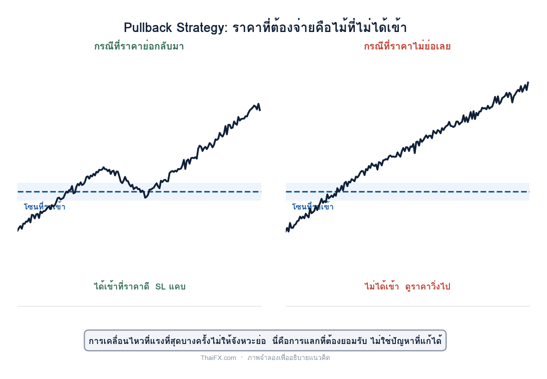 แผนภาพเปรียบเทียบกรณีที่ราคาย่อกลับมาให้เข้าได้ กับกรณีที่ราคาไม่ย่อเลยทำให้ไม่ได้เข้า