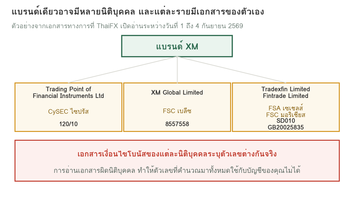 แผนภาพรวบรวมชื่อนิติบุคคลที่ปรากฏในเอกสารและหน้าทางการของ XM และ XMTrading ได้แก่ Trading Point of Financial Instruments Ltd ภายใต้ CySEC ไซปรัส XM Global Limited ภายใต้ FSC เบลีซ และ Tradexfin Limited กับ Fintrade Limited ภายใต้ FSA เซเชลส์และ FSC มอริเชียส
