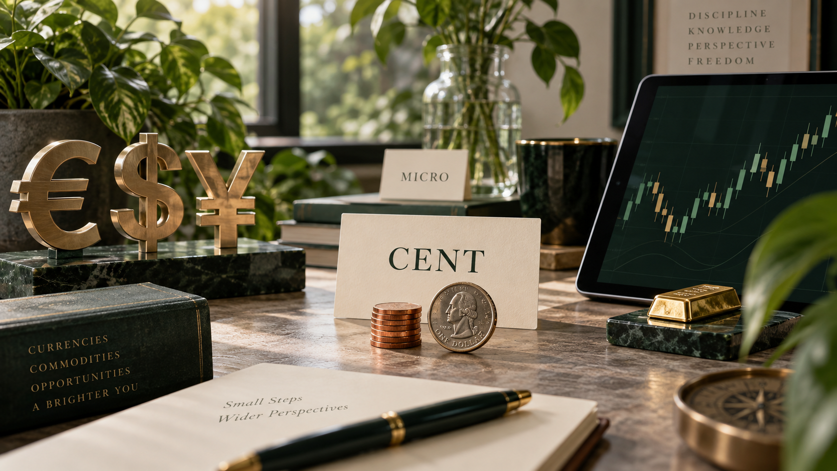 ภาพประกอบบัญชี Cent และ Micro พร้อมสัญลักษณ์คู่เงินและทองสำหรับเปรียบเทียบโบรกเกอร์