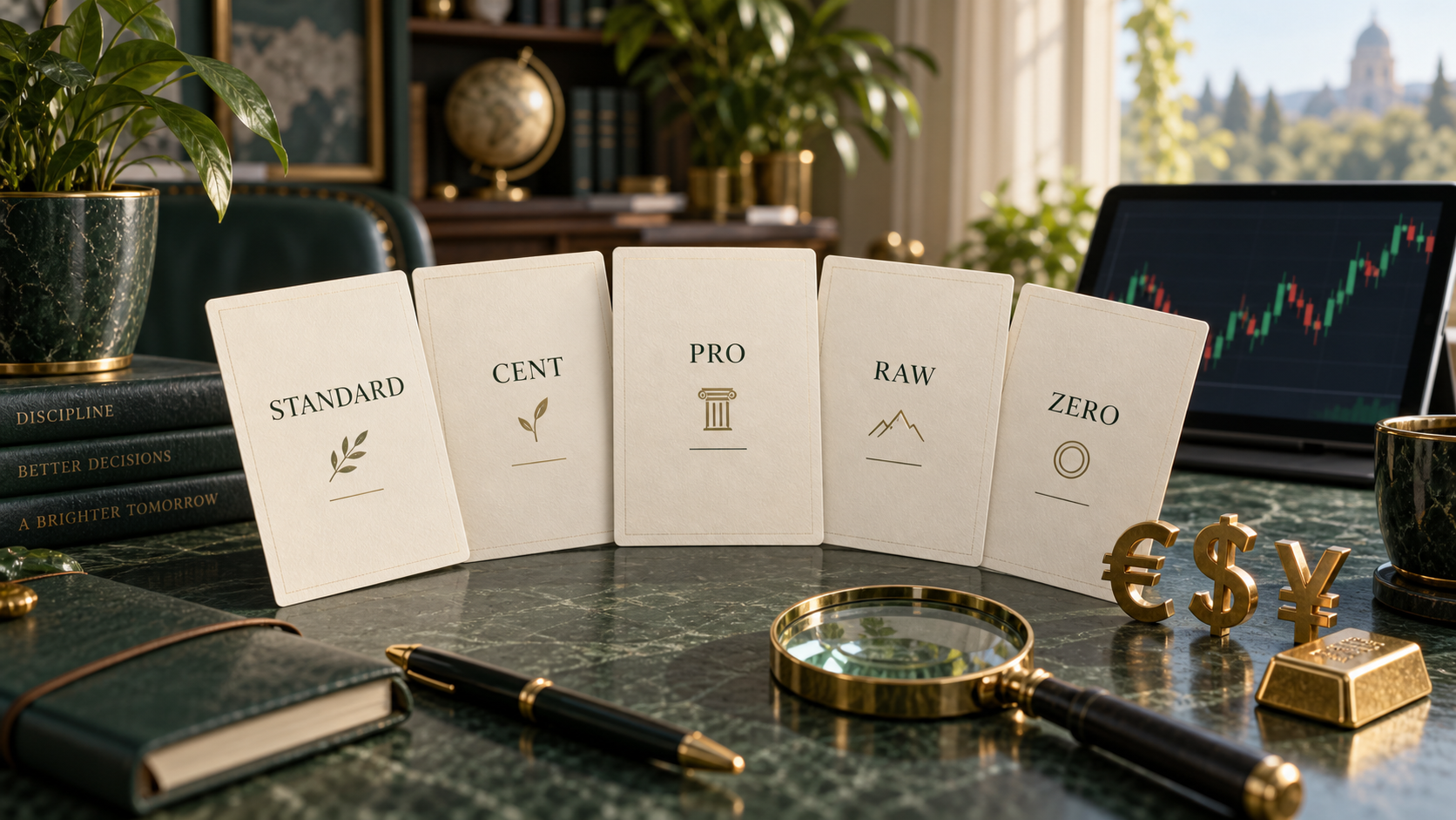 ภาพประกอบบัญชี Standard, Cent, Pro, Raw และ Zero พร้อมคู่เงินและทองสำหรับเลือกบัญชี Exness