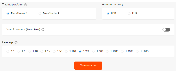 หน้าสร้างบัญชี FBS มีช่องแพลตฟอร์ม สกุลเงิน Swap-free และเลเวอเรจ