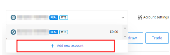 เมนูบัญชี FBS และปุ่ม Add new account