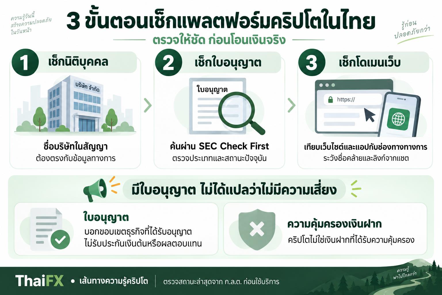 แผนภาพสรุป 3 ขั้นตอนการตรวจสอบใบอนุญาตผู้ให้บริการคริปโตในประเทศไทยผ่าน SEC Check First และการเปรียบเทียบความคุ้มครอง โดย ThaiFX