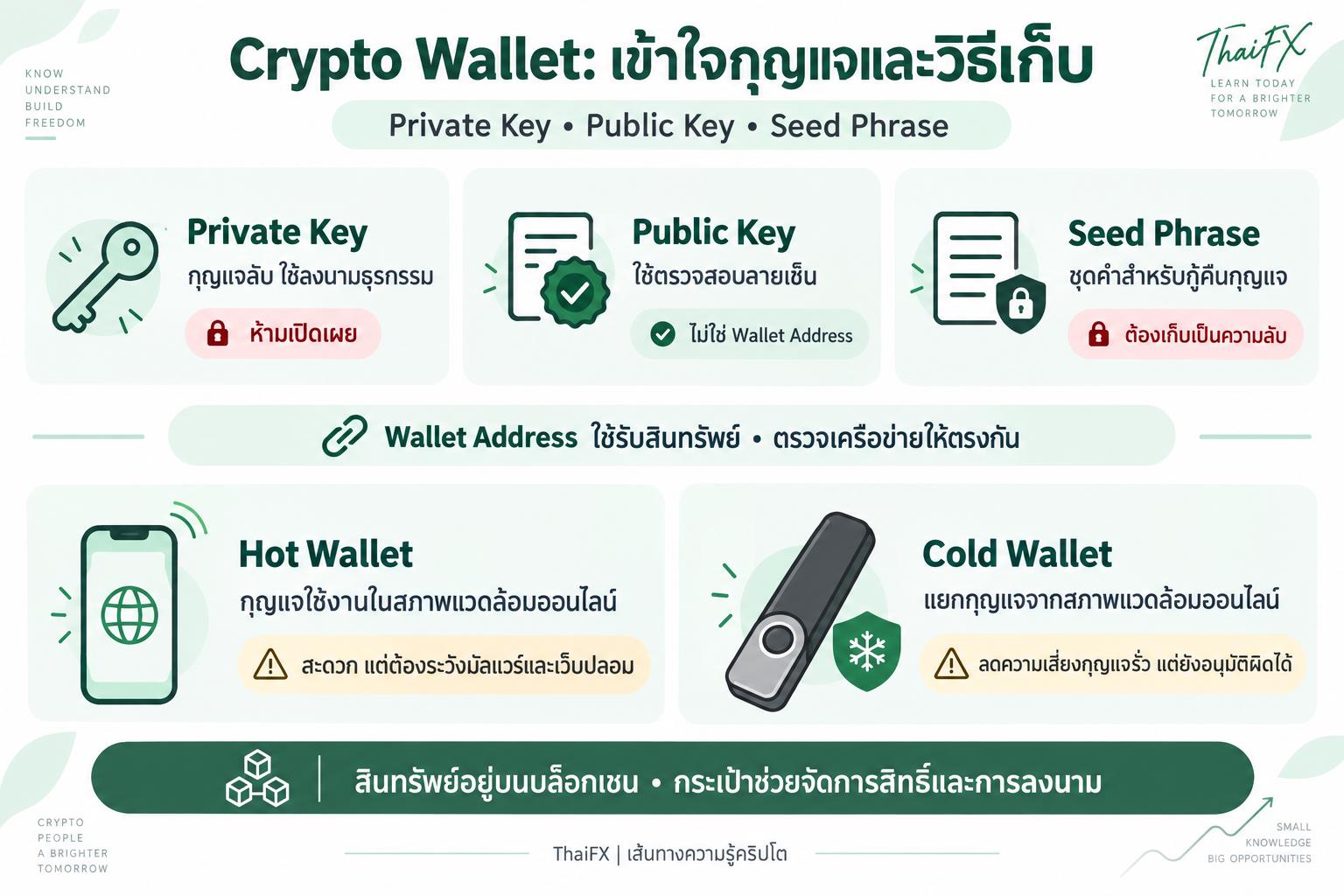 แผนภาพอธิบายการทำงานของ Crypto Wallet ความแตกต่างระหว่าง Private Key, Public Key, Seed Phrase และการเปรียบเทียบ Hot Wallet กับ Cold Wallet โดย ThaiFX